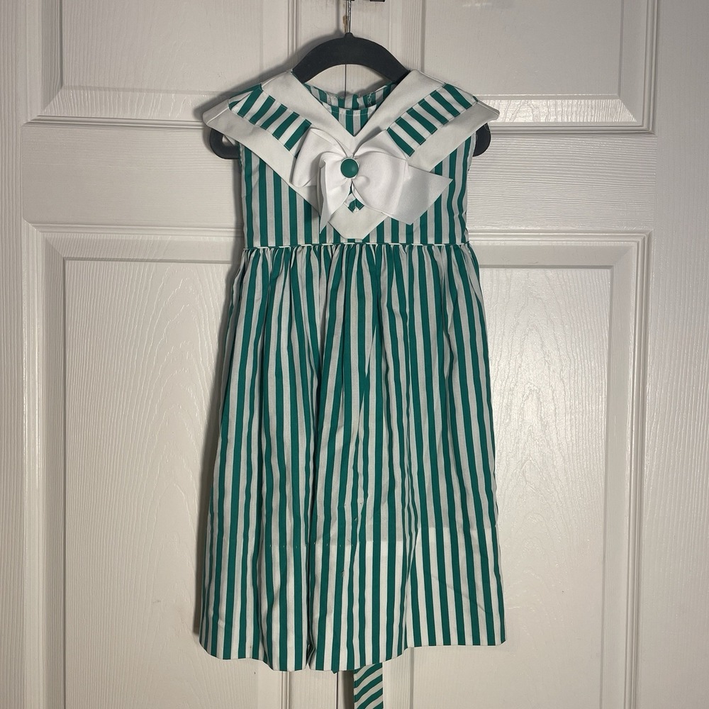 Vintage Mondays Child Dress Girls 4T Green White Striped Sleeveless‎ 80s Collar